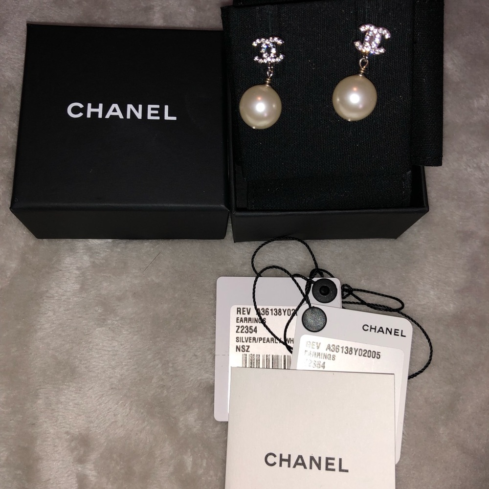 Chanel Crystal Pearl and Silver CC Drop Earrings